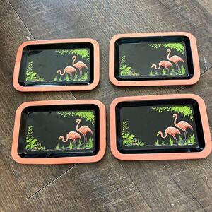 Vintage Pink Flamingo Metal Coaster Tray Set of 4 Mid Century Black Pink Tin